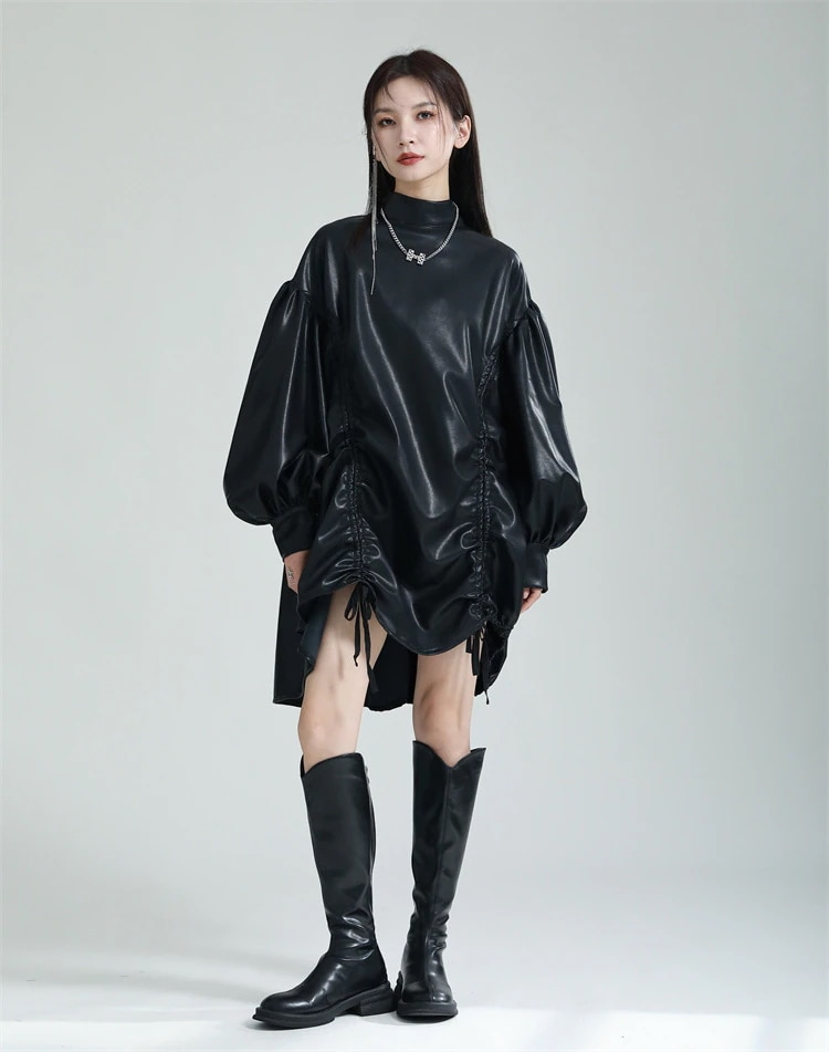 激安セール ミニスカート 紐抜き ワンピース ランタンスリーブ イレギュラー 詰め襟 マント 秋 ボサボサ 伸縮性のあるウエスト 長袖