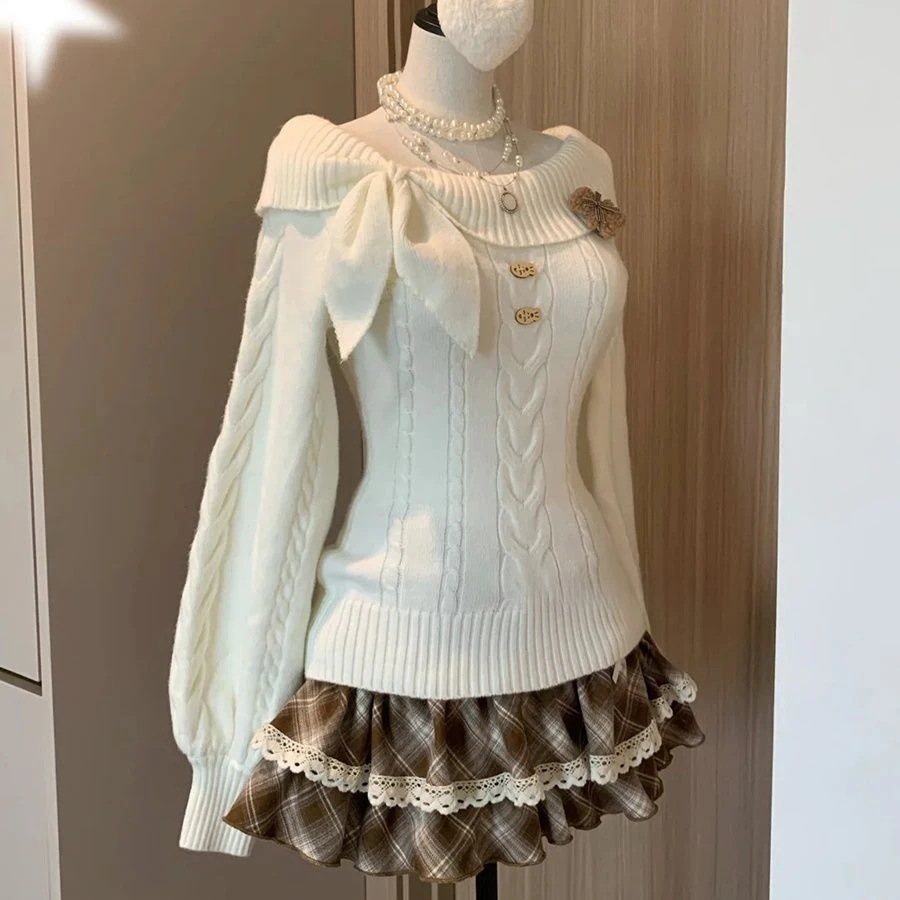 春秋 ラビットネック セーター+チェック柄ポンポンケーキ スカート 2つのセット
