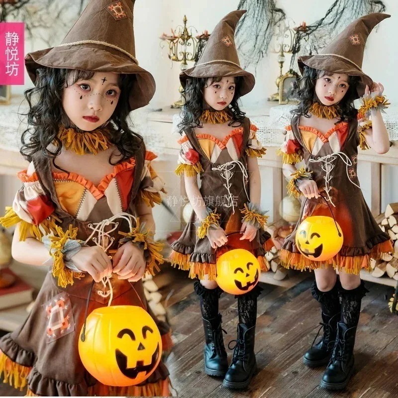 人気商品超目玉ハロウィン子供コスムかぼちゃ魔女かかしドレスベビー服女の子牧歌ピエロガール今だけ