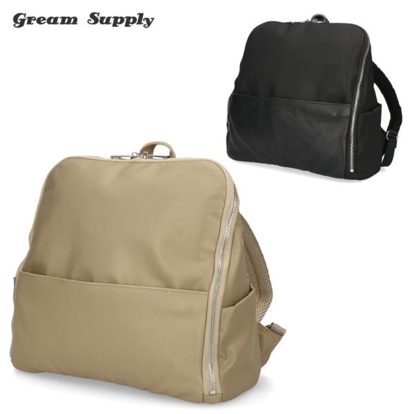 リュック レディース ブラック グレージュ 黒 ワイド 牛革 ポリナイロン フルオープン マチあり 41016 グリームサプライ greamsupply