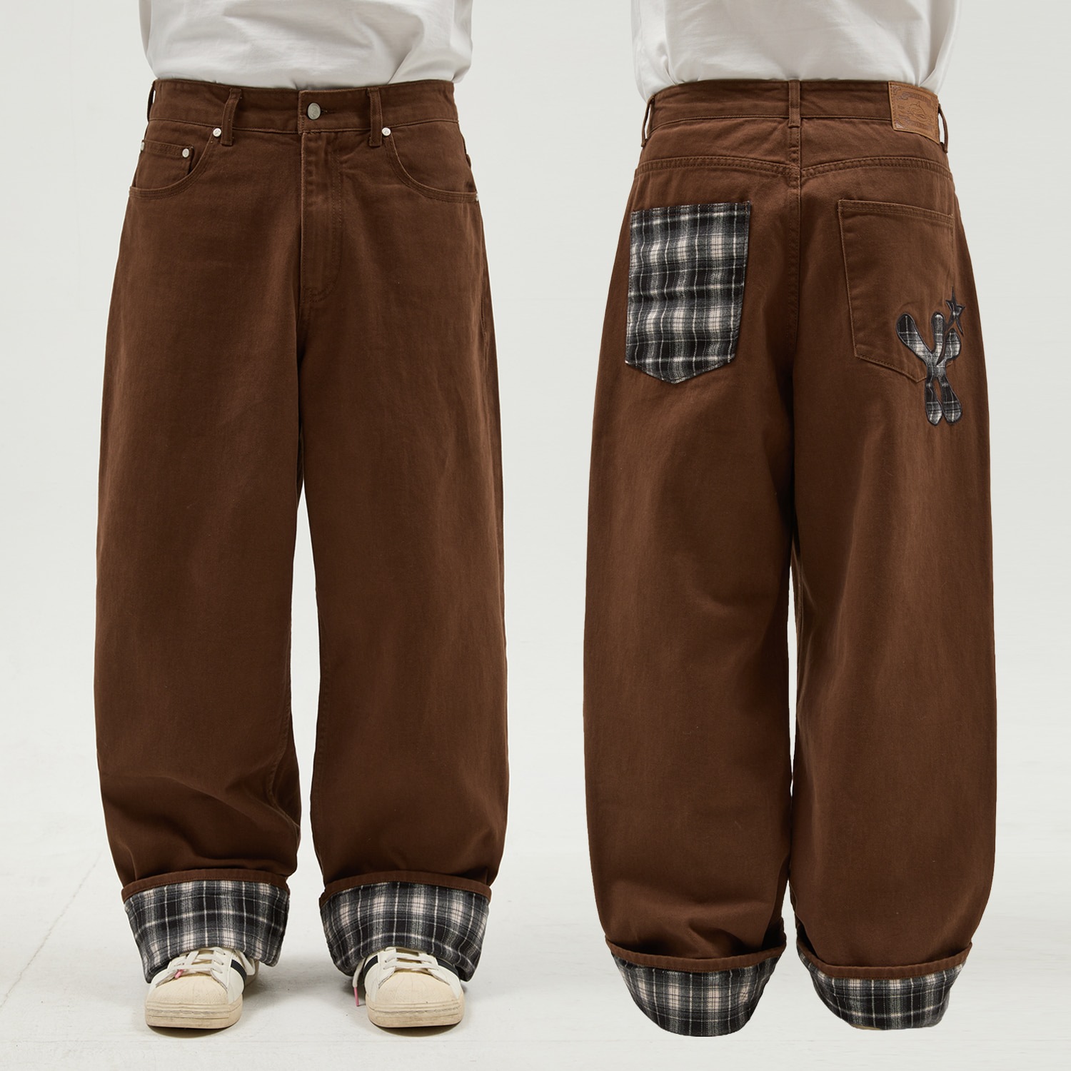Check Applique Roll Up Cotton Pants BROWN