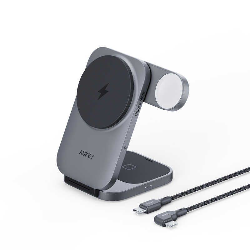 AUKEY　ワイヤレス充電器 MagSafe対応 Qi2 MagFusion Z 3-in-1 折りたたみ式 15W グレー (オーキー) Gray　LC-MC312-GY
