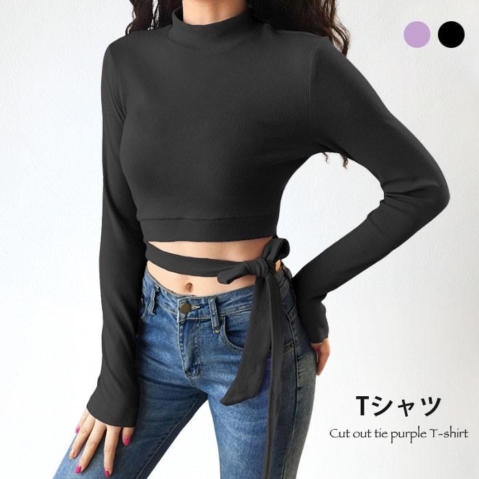 長袖Tシャツ レディース Tシャツ アシメトリー カットアウト リボン 伸縮性 無地 スペシャル セクシー 大人 カジュアル お洒落 キレイめ トップス 春新作 バレンタイン 2023 プレゼント