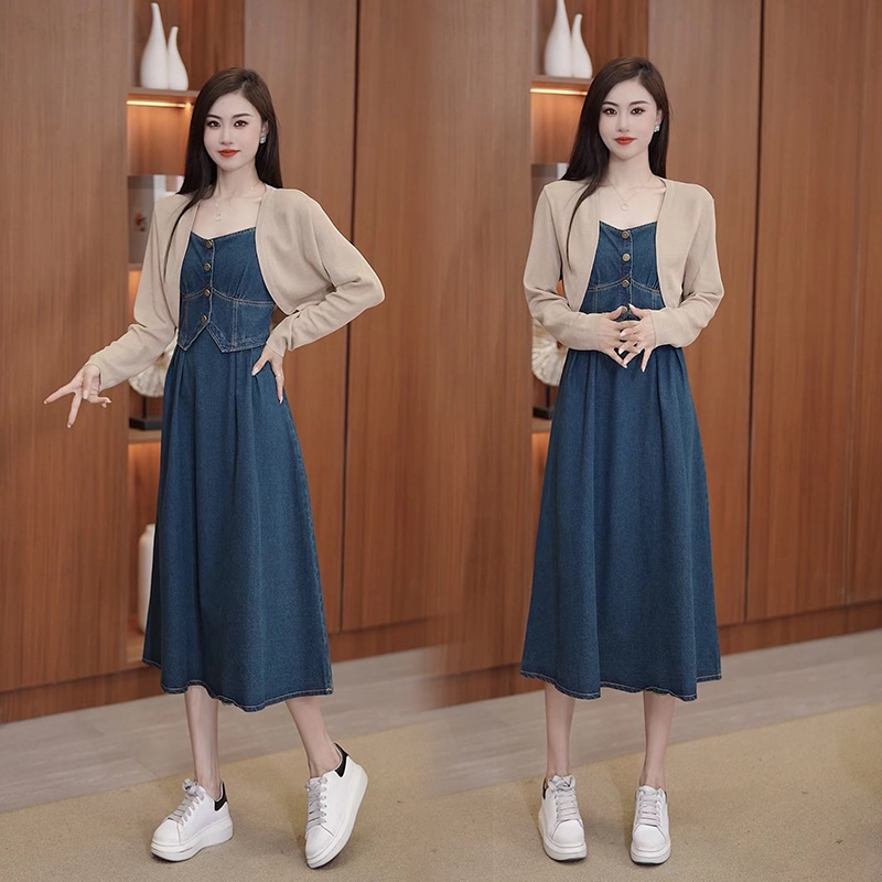 ドレス女性の 2024 初秋新年齢削減ファッション春と秋の西洋スタイルのツーピーススーツデニムスカート 4,951円