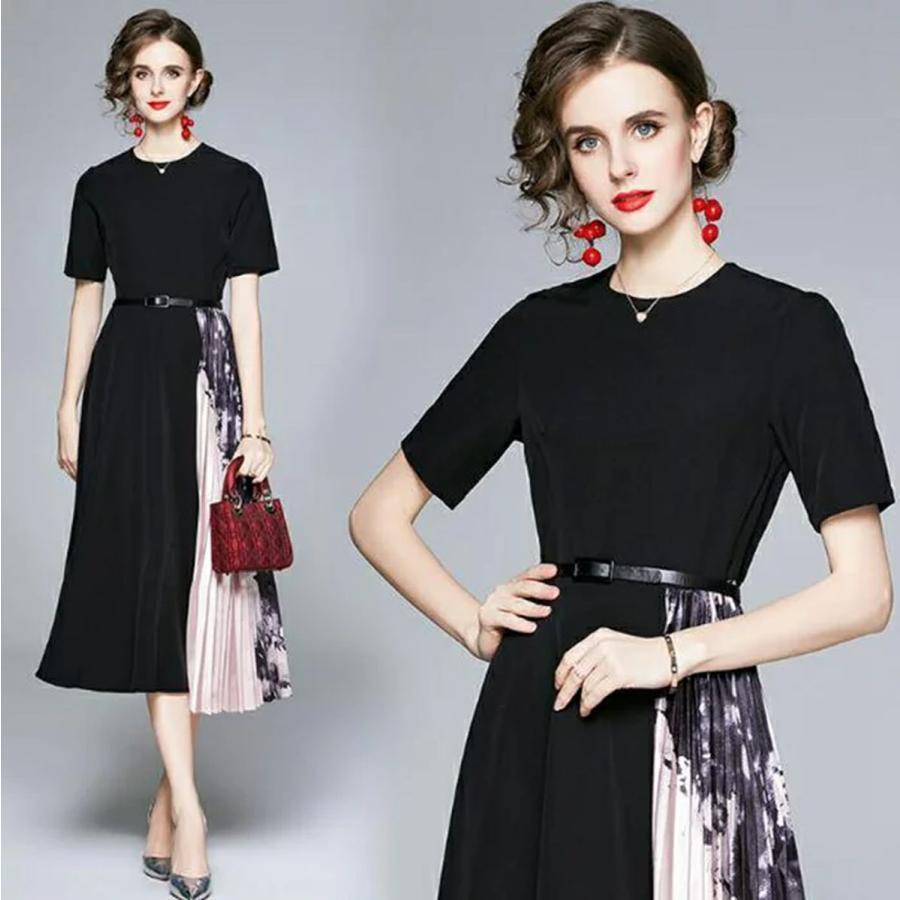 サイドプリーツ ワンピース パーティードレス 秋冬ワンピース ロング マキシ丈 プリント ワンピース　半袖 ラウンドネック 切り替え ミモレ丈 ワンピ 結婚式 パ