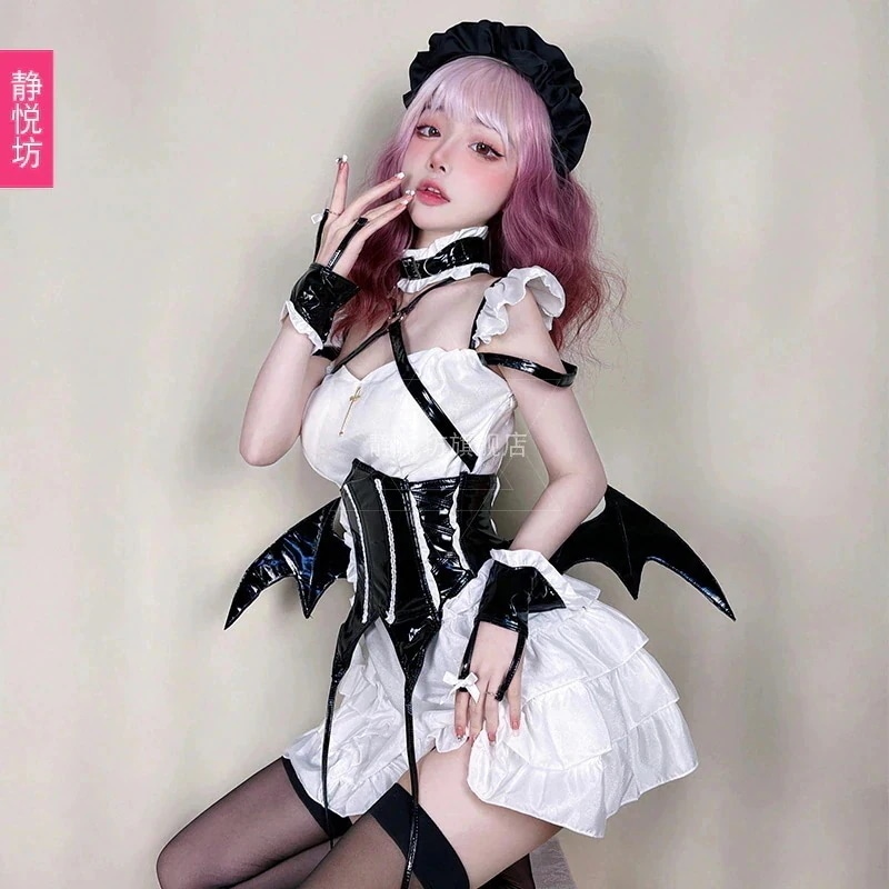 ダーク小悪魔ローカットメイドドレス甘辛ソフトガールドレスロリータコスプレコウモリドレスチュチュ