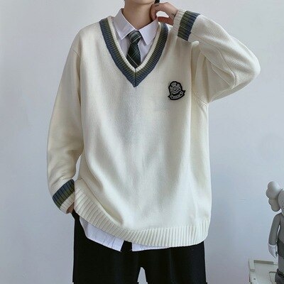 涼しく楽ちんセットアップ 韓国 DK制服男森系学院風白いニットカップル服秋服VネックJKセーターコート