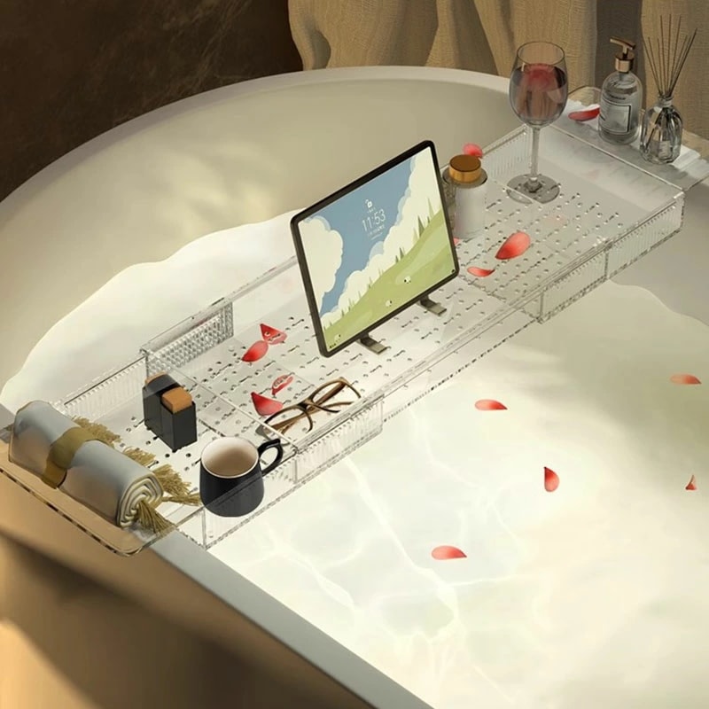 ラストチャンスバスタブトレー バスタブラック アクリル 浴室用ラック お風呂 物置 バステーブル バスラック バスグッズ バスブックスタンド 伸縮式56~80cm 幅17.5cm 透明 大容量 水切り