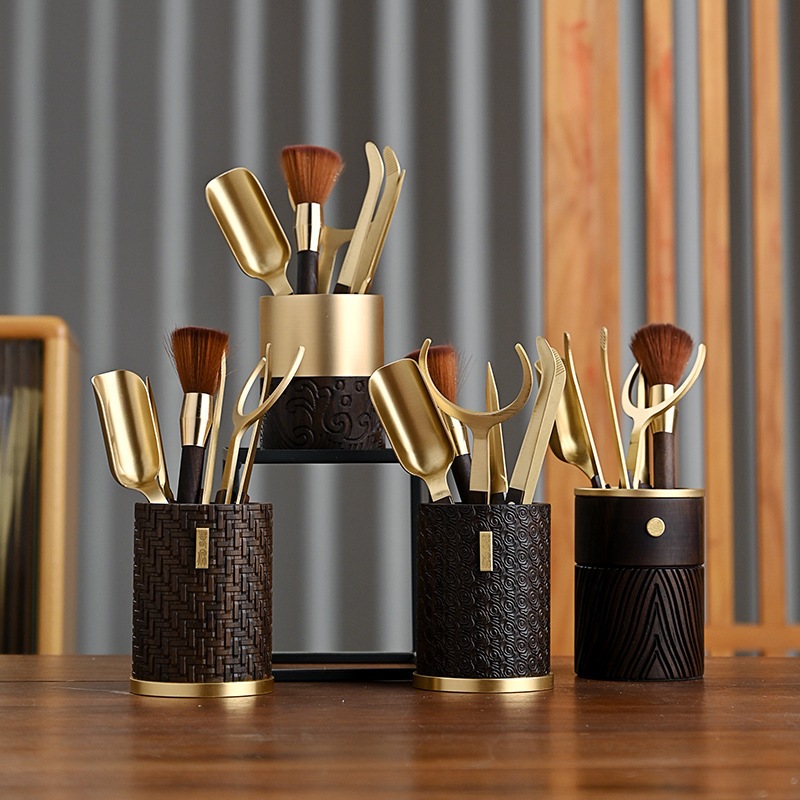 ティーウェンセーレーション6紳士セット銅木材エボニーソリッドウッドカンフーティーセットアクセサリーティークリップティーニードルティーブリューイングツールティースプーン