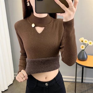 10個セット 2025秋冬厚手一体ダウンハーフハイネック透かし編みカーディガンレディースフィットピュアカラーインナーセーター