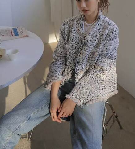 ショートコート ツィード トップス アウター カーディガン コート ジャケット シングルブレスト レギュラー丈 上着 袖あり 長袖 ラウンドネック 襟なし かわいい きれいめ シンプル カジュアル 大