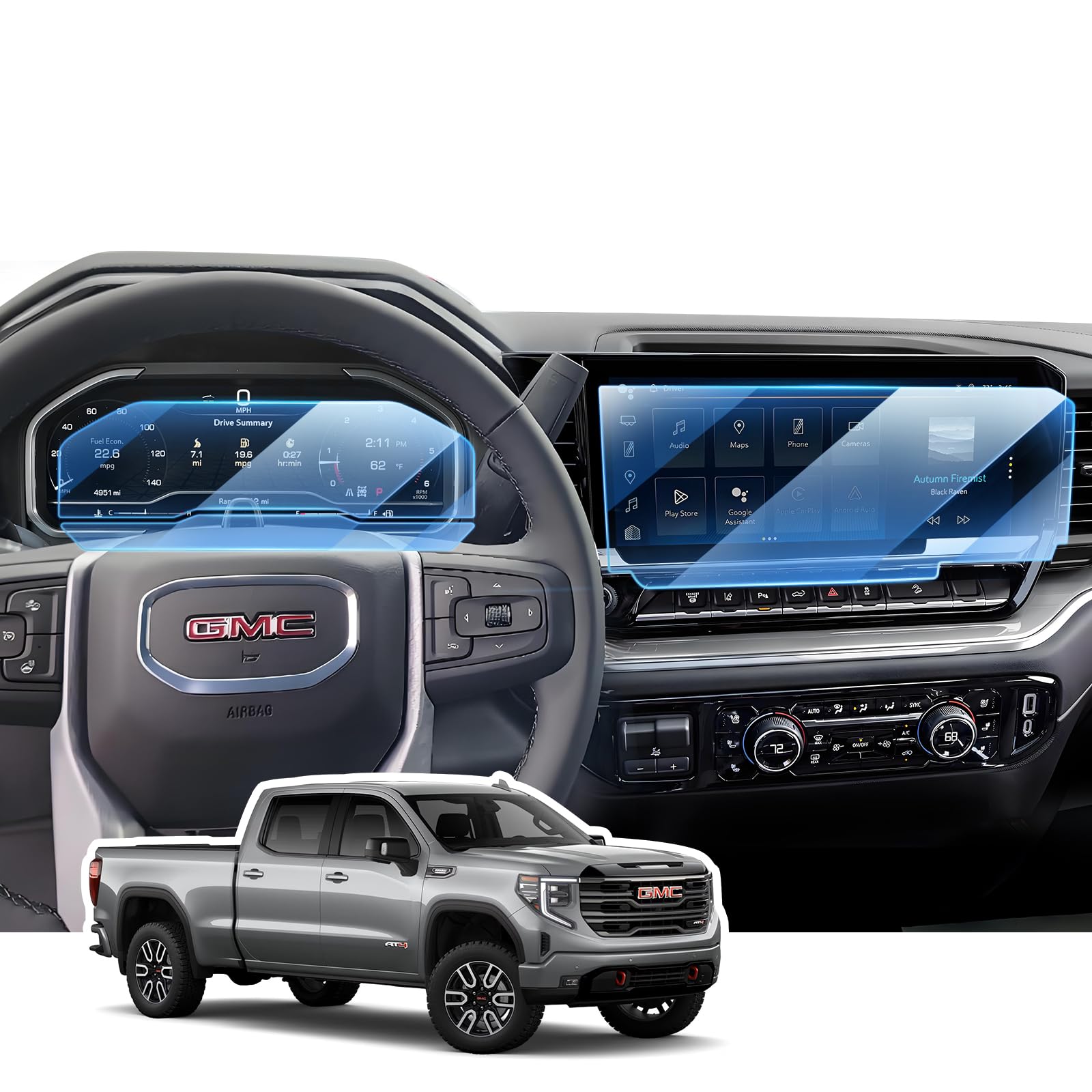 2022-2025 GMC シエラ 1500 SLE/Elevation/SLT 保護フィルム【13.4インチ ナビ＋12.3インチ メーターフィルム 3枚】 HD 高感度タッチ