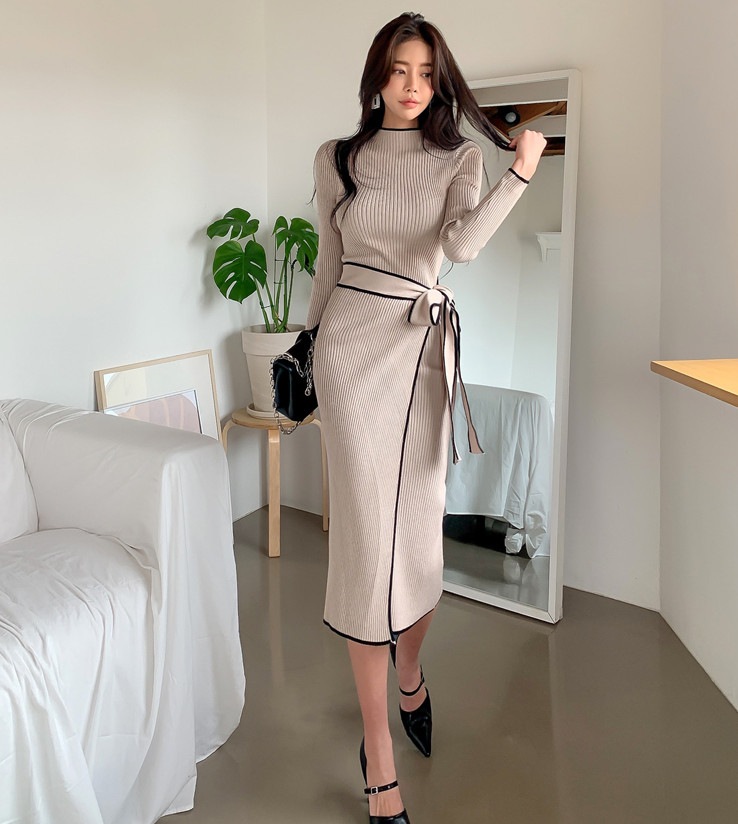 ニットワンピース 秋冬 ワンピース ロング きれいめ バイカラー ロングワンピース リボン 秋コーデ ニットワンピ 非売品 Vivalafocaccia Com