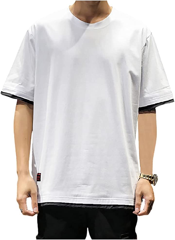 tシャツ 重ね着風 ラウンドネック 半袖 カットソー 2XL) メンズ(ホワイト, 無地 カットソー 【コンビニ受取対応商品】