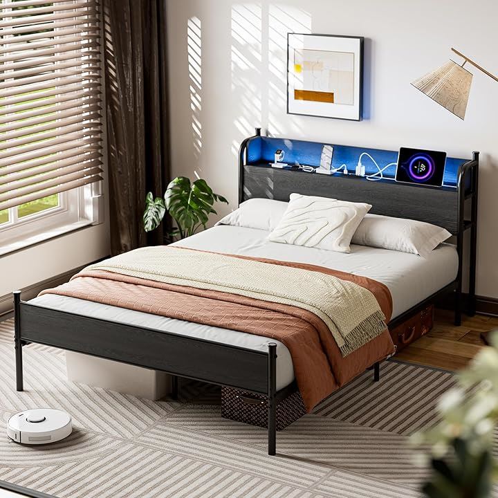 ベッドフレーム パイプベッド D コンセント USB充電付き LEDライト付きスチールベッド すのこベッド 収納宮棚付き 2段階高さ調整 頑丈 カビ防止 安定性 (ブラック, ダブル)