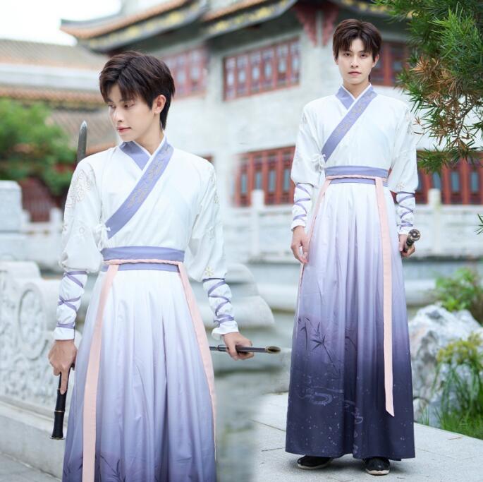 ペアルック コスプレ衣装 唐装漢服 男女兼用 華流 コスチューム 漢服 刺繍柄 グラデーション 漢服 ハロウィン 文化祭 学園祭 イベント 変身仮装 古代 衣装 カップル漢服 パープル