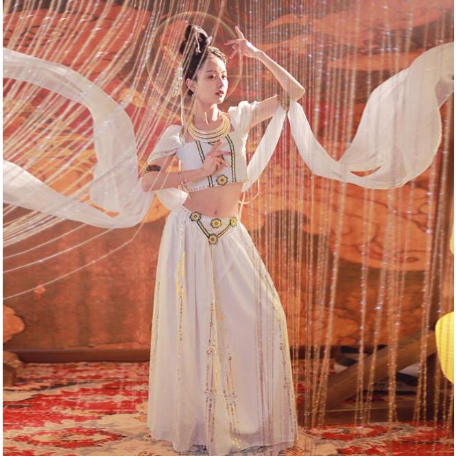敦煌古典舞踊衣装 中華 飛天 天女 飄々 古典ダンス衣装 3点セット 唐時代 漢服 宮廷舞踊 衣装 大人 チャイナ民族風 コスチューム 時代劇 仮装 変装 ハロウィン衣