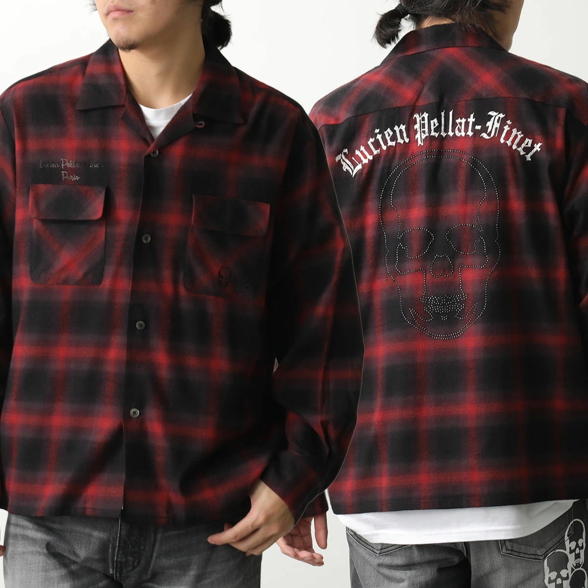 lucien pellat-finet ルシアンペラフィネ フランネルシャツ YMP 1316H 213-81400 メンズ 長袖 チェック柄 胸ポケット スカル スタッズ ロゴ刺繍 RED