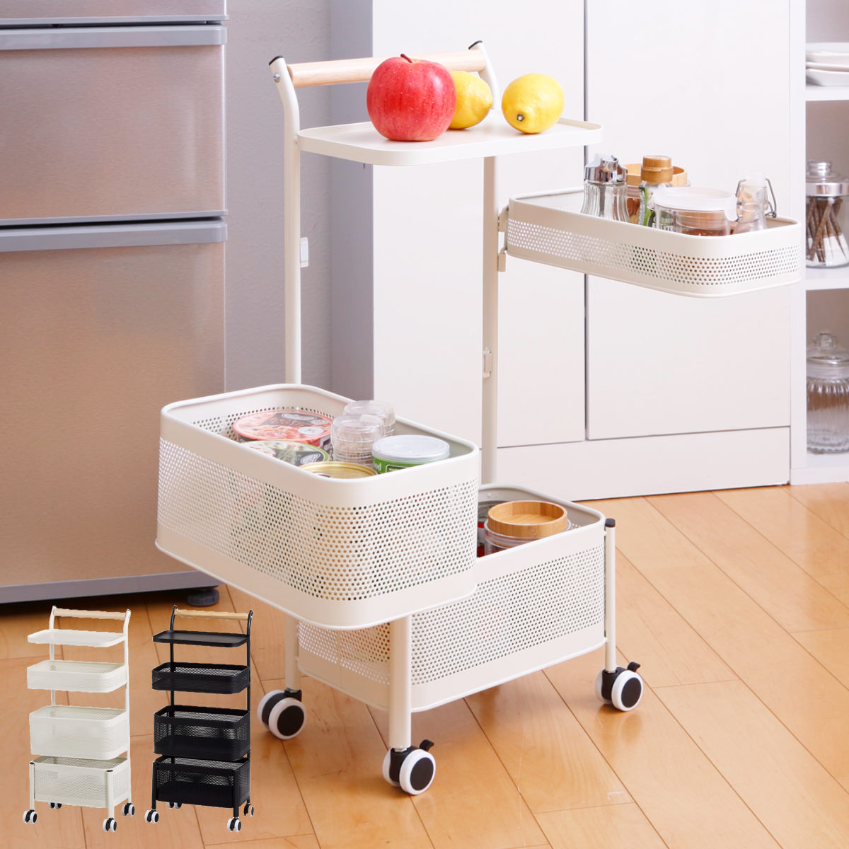 キッチンストッカー ピヴォ トローリーラック 4段 キャスター付き 天板付き ハンドル付き スリム キッチンラック ワゴンラック 収納ワゴン マルチワゴン ストッカー かご パンチング すき間
