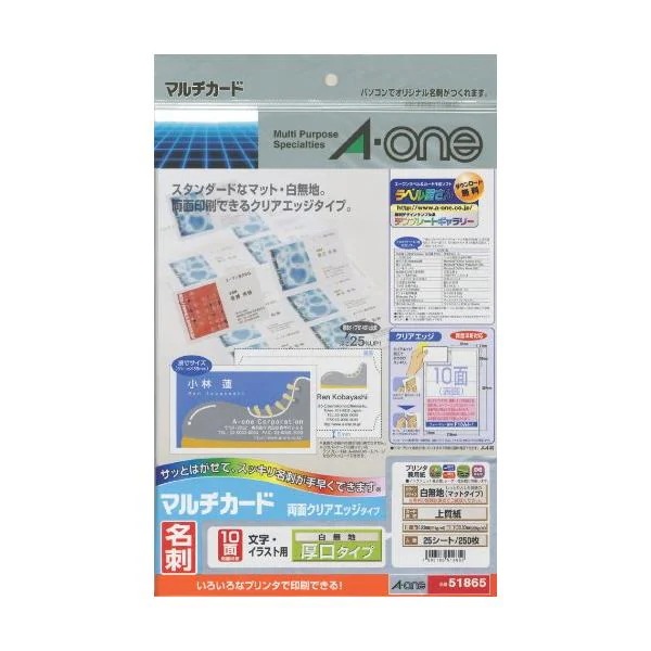 10個セット エーワン 51865 250枚分 マルチカード 名刺用紙 両面 クリアエッ