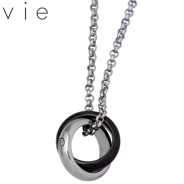 ヴィー vie ステンレス ネックレス メンズ キュービック ダブルリング ブラック 金属金属アレルギー対応
