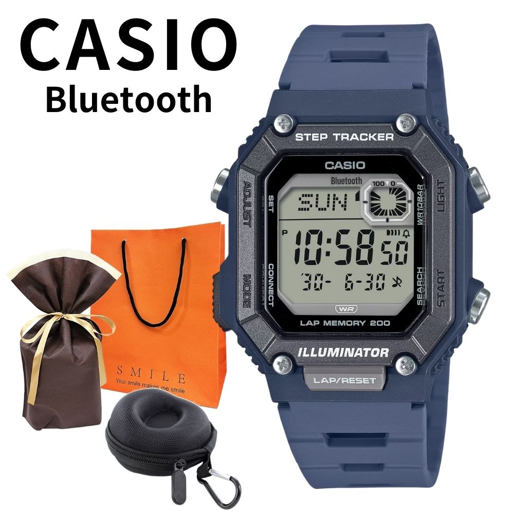 ラッピング済 ギフトセット 正規品 カシオ 腕時計 メンズ 収納ケース付き スマホ連携 歩数計 軽量 防水 スポーツ ランニング アウトドア デジタル モバイルリンク 樹脂バンド ネイビー 男女兼用