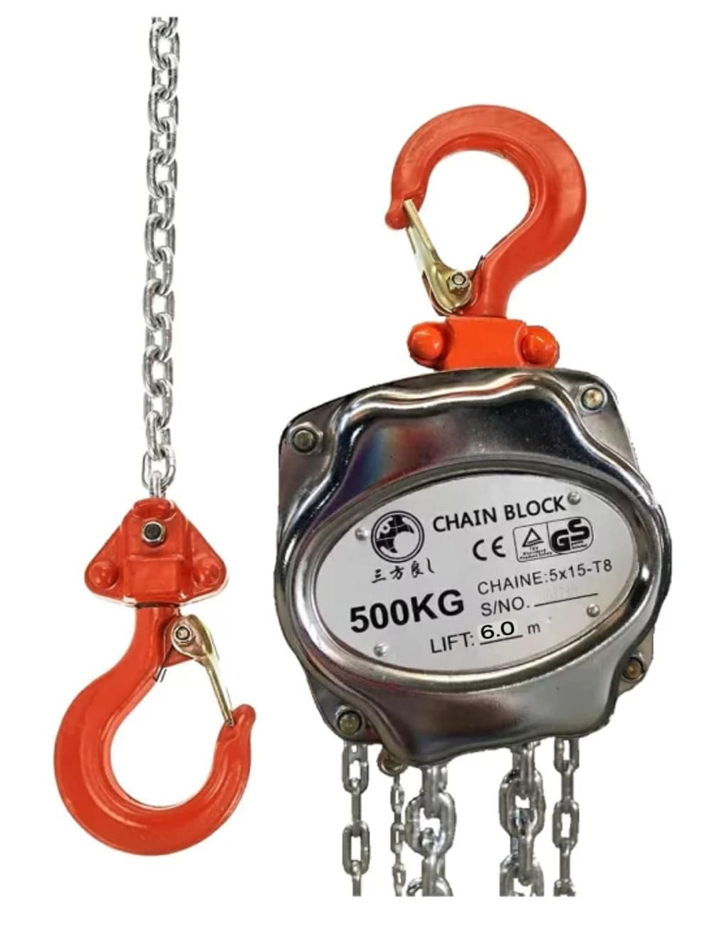 軽量小型 チェーンブロック0.5ton チェーン6m 手巻チェーン５ｍ シルバー色 チェーンホイスト 0.5t 6m 500kg 0.5トン ホイストクレーン・ＣＥ・ＧＳ規格認証済み製品・荷締め 荷締