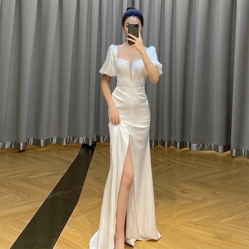 二次会ドレス ウェディングドレス 白 サテン マーメイドドレス スリット セクシー ロングドレス パフスリーブ ウェディング ホワイトドレス 二次会 結婚式ドレス ワイン赤 ベロア ベルベット イブニ