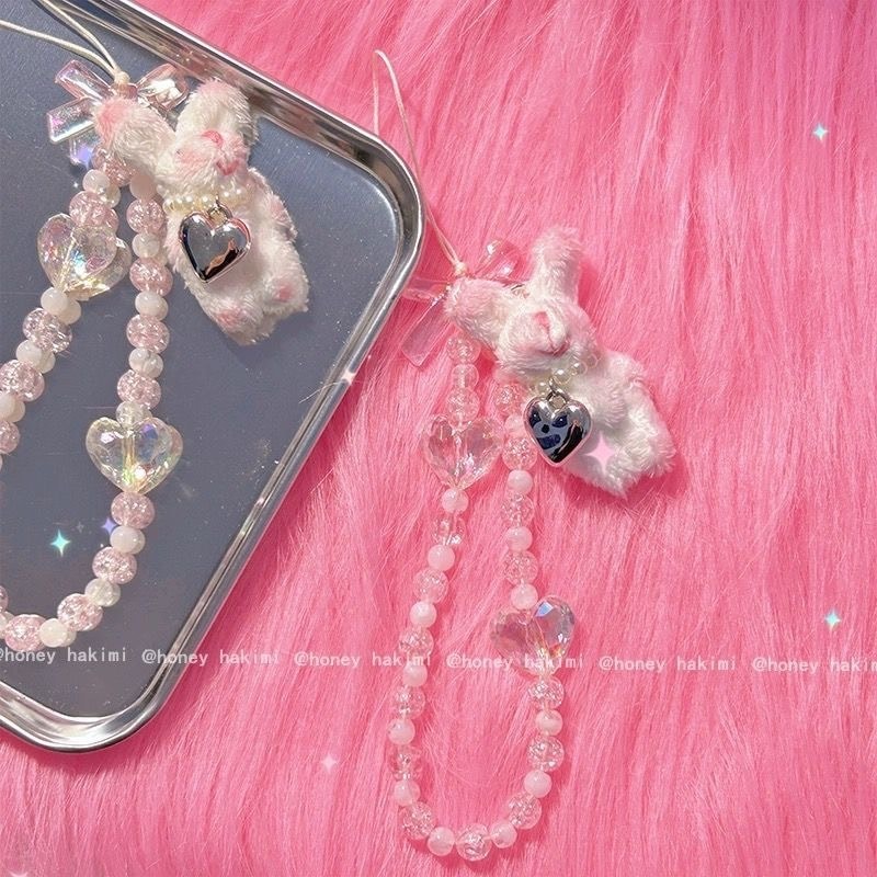 自家製 スイート クール ぬいぐるみ ウサギ ビーズ ピンク 貧しい携帯電話チェーン ストラップ Ccd カメラ紛失防止ロープ