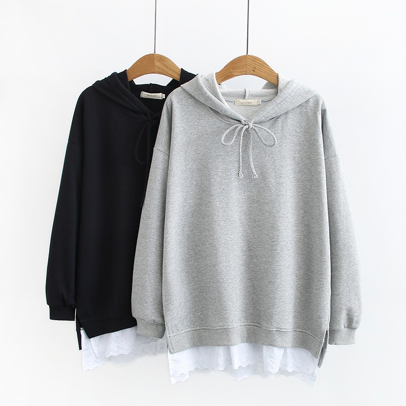 大きいサイズレディースプルパーカースウェット重ね着風レースブラックグレー入荷ネコ