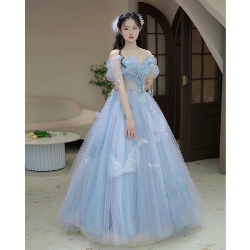 女性用ブルー宴会ドレス2025ハイエンドドレス妖精ドレス