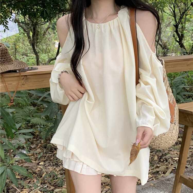 トップス ロング丈 ワンピース 肩出し オフショルダー 長袖 ラウンドネック ゆったり ルーズ シック プルオーバー かわいい 大人可愛い シンプル カジュアル おしゃれ お洒落 かっこいい レトロ