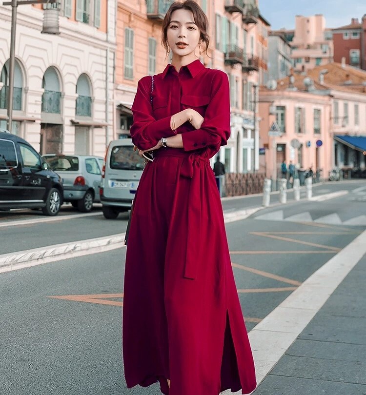 ワンピース ロングスカート シャツワンピース フレアワンピース ロング丈 袖あり 長袖 襟付き フレア Xライン ウエストマーク かわいい 大人可愛い きれいめ シンプル カジュアル 上品 おしゃれ