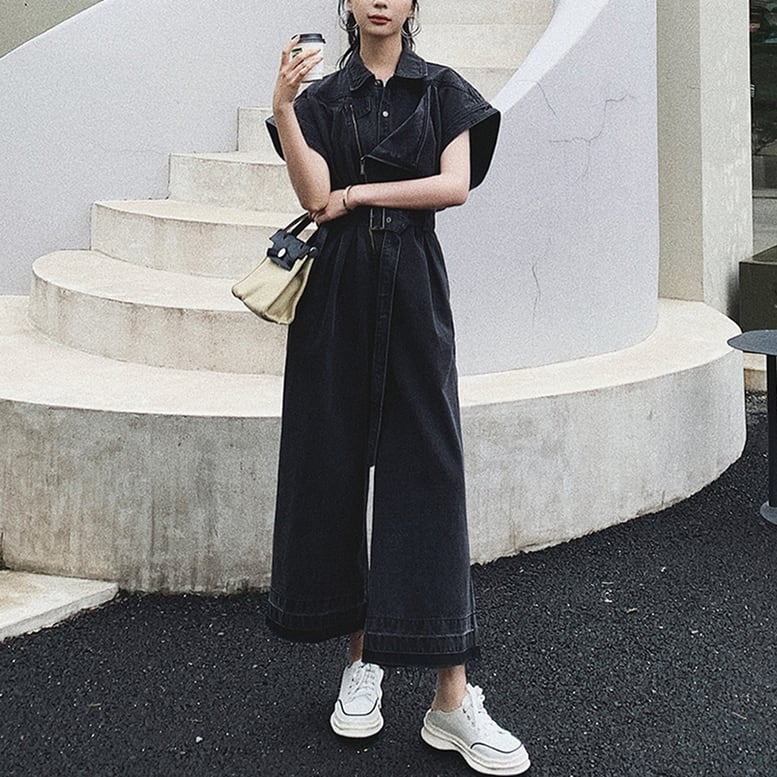 レディース デニムオールインワンパンツ ジャンプスーツ 半袖 ドルマンスリーブ タックパンツ