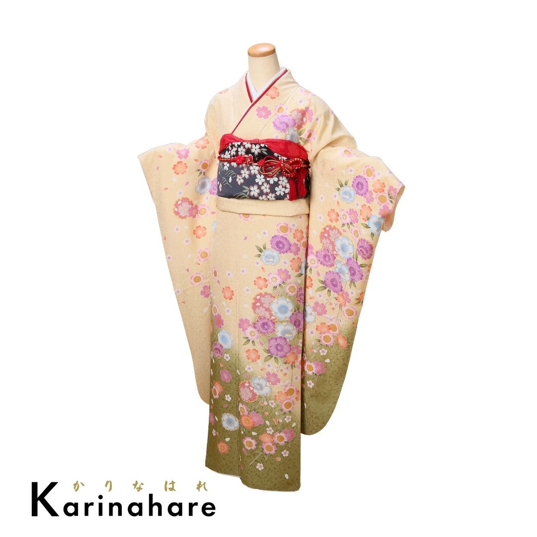 結婚式結納レンタル黄色の地に桜と花びらが描かれた振袖F609-108