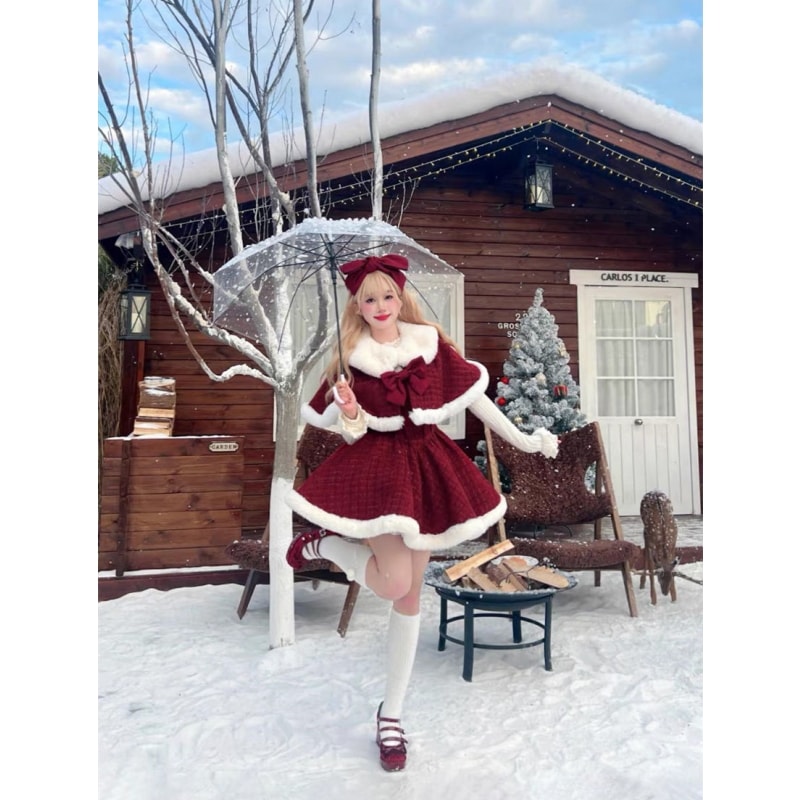 ロリータドレスクリスマスクリスマス新年の戦士セット女性純粋な欲望ケープショールボトムニットウエストホルタードレス3点セット