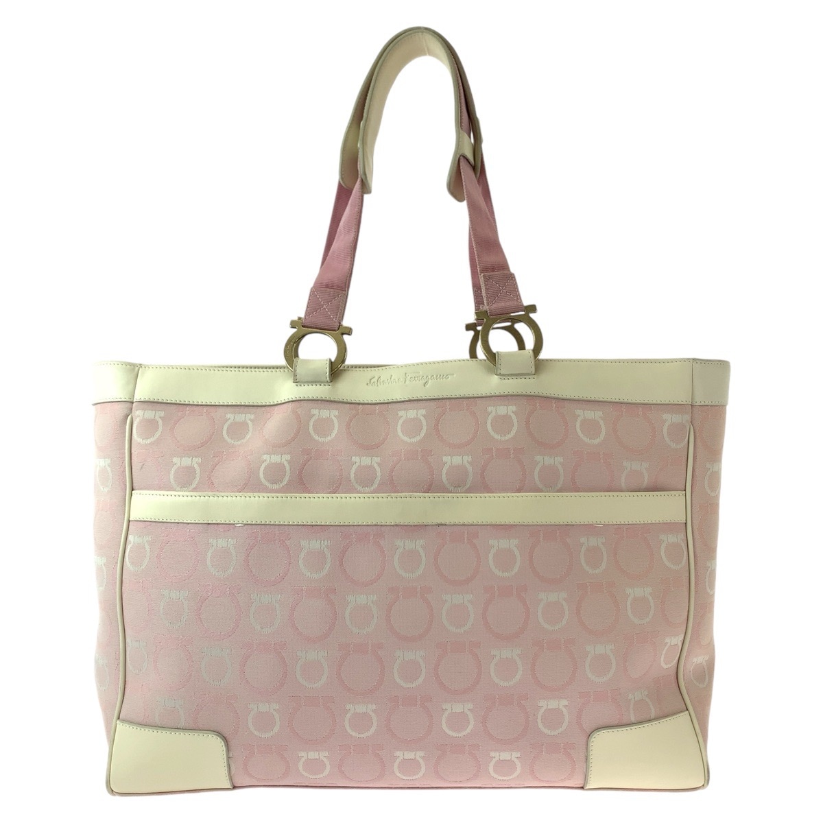 ガンチーニ ピンク ホワイト ゴールド金具 キャンバス/レザー トートバッグ ショルダーバッグ レディース 409279