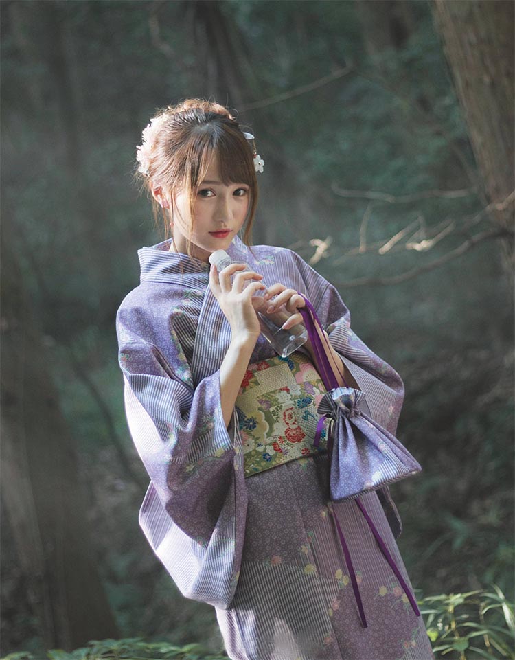 青木源 和風 和装 伝統的着物パフォーマンス ゆかた 気質紫色 任命 女文芸術 桜の季節