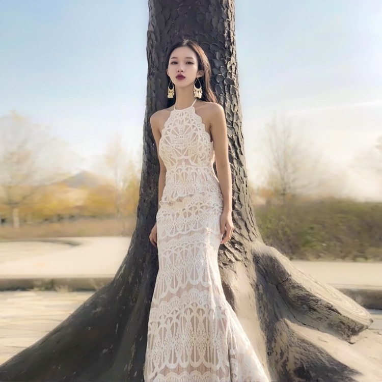 ワンピース ワンピドレス ロング丈 マキシ丈 袖なし 襟なし ホルターネック スリム タイト マーメイド レース バックシャン バックコンシャス 大人可愛い きれいめ シンプル カジュアル おしゃれ