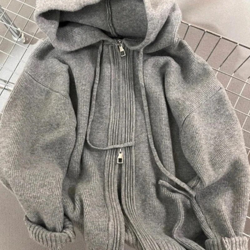 レディースグレーフード付きセーターカーディガンゆったりフィット春秋冬に 極厚ニットダブルジッパースウェットシャツ