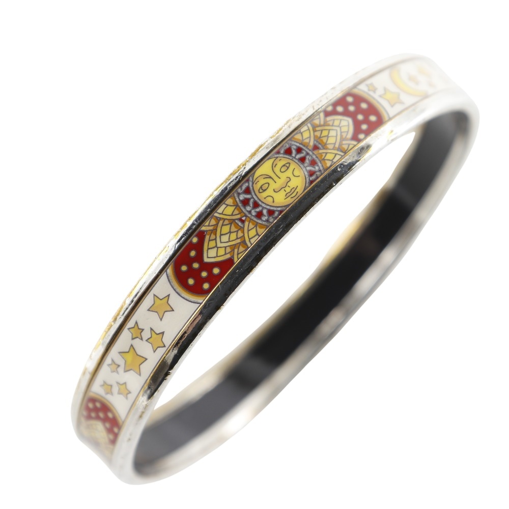 エマイユPM 七宝焼 太陽と月と星 バングル 金属製 白 約19g レディース 中古品