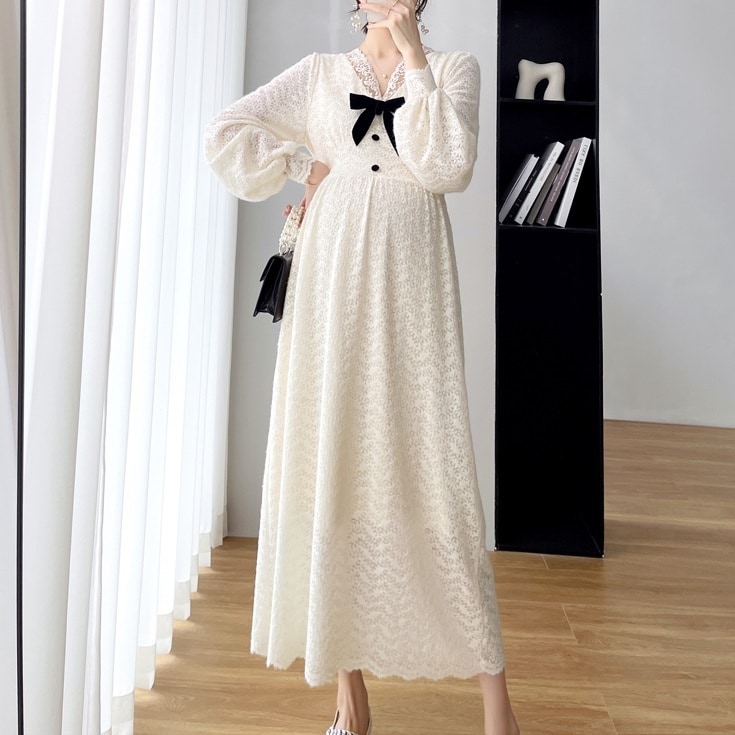 【送料無料】マタニティ ワンピース Vネック リボン レース ハイウエスト ロング丈