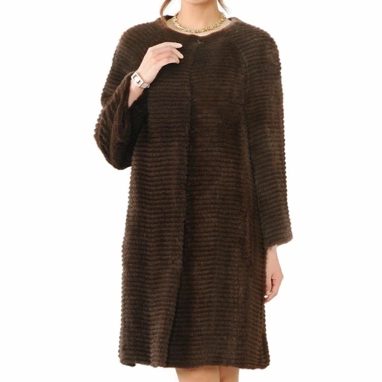 ミンクコートノーカラーテープ使いスヌード付きブラウン