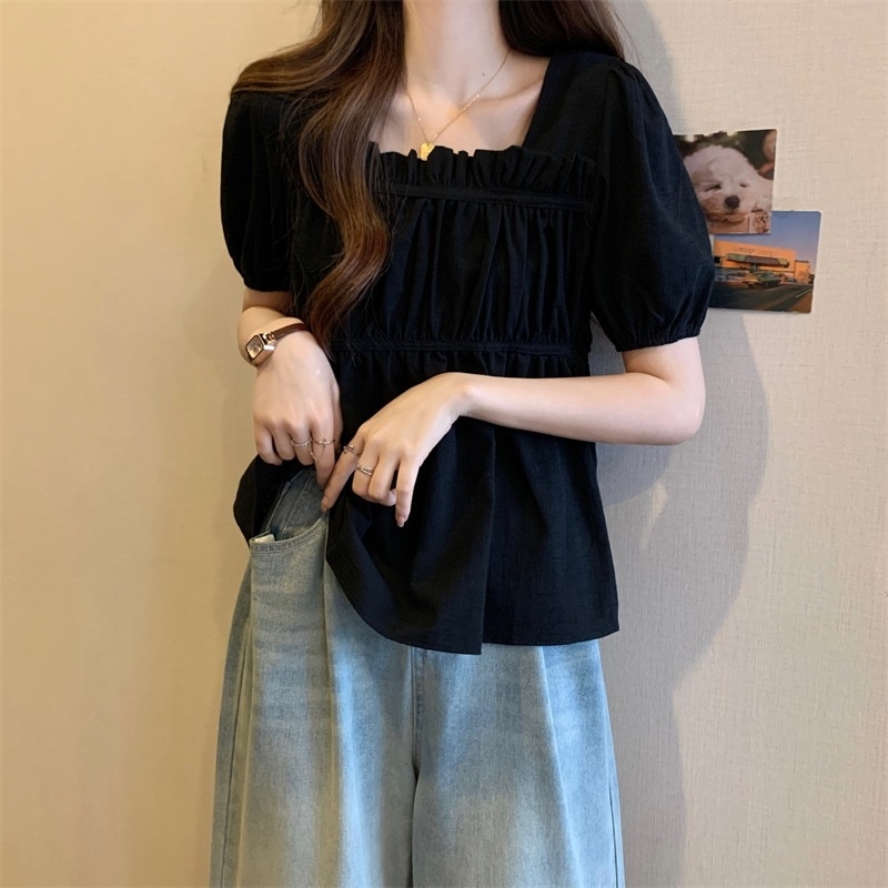 レディース トップス シャツ レギュラー丈 半袖 パフスリーブ スクエアネック ルーズ フリル プルオーバー 薄手 大人可愛い きれいめ シンプル 上品 お洒落 かっこいい無地 20代 オルチャン 4,710円