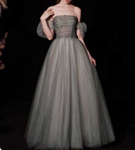 カラードレス グレー キラキラチュール ベアトップ パフスリーブ グリッタードレス Aライン 音楽会/発表会