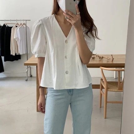 ネック半袖ブラウス トップス ブラウス ショート ショート丈 袖あり 半袖 パフスリーブ Vネック 前開き 綿 かわいい 大人可愛い きれいめ シンプル カジュアル 大人 おしゃれ お洒落 レトロ