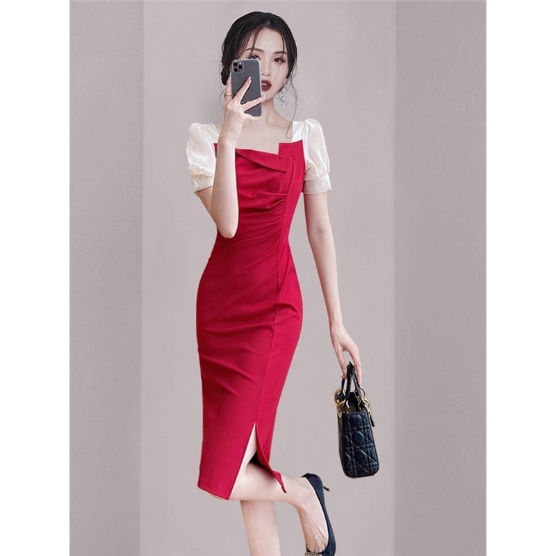 ワンピース ミディアム丈ワンピース タイトワンピース 半袖 パフスリーブ スクエアネック ミディアム丈 サイドスリット タイト 異素材ミックス かわいい 大人可愛い きれいめ シンプル 上品