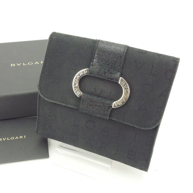 Wホック財布 二つ折り財布 ロゴマニア ブラック シルバー 中古