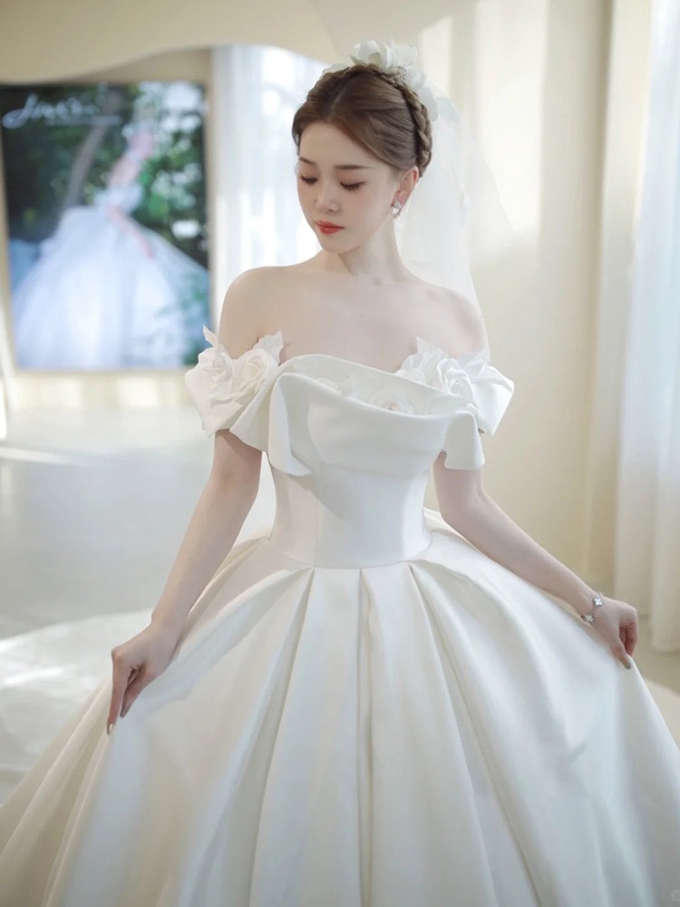 ワンショルダーサテンメインウェディングドレス花嫁2025ハイエンドロングテールスリム夏