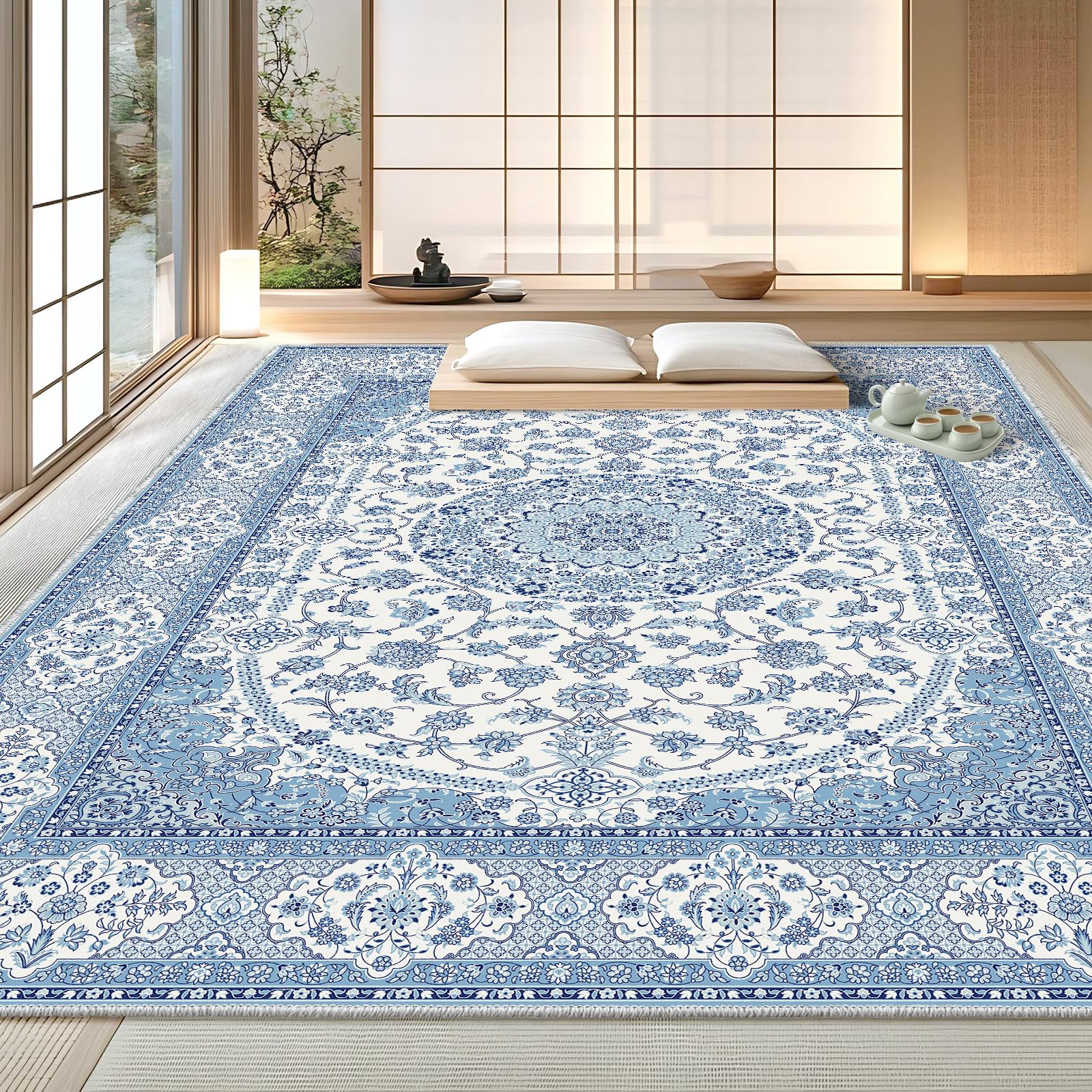 200×250cm 洗えるラグ ペルシャ風 花柄 ブルー 防音 長方形 ウォッシャブル オールシーズン快適 滑り止め加工 家庭用 リビング 寝室用 薄手 短毛 色落ちしにくい お手入れ簡単 折り畳み式